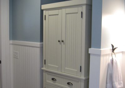 Custom bathroom cabinets tucked under stairway